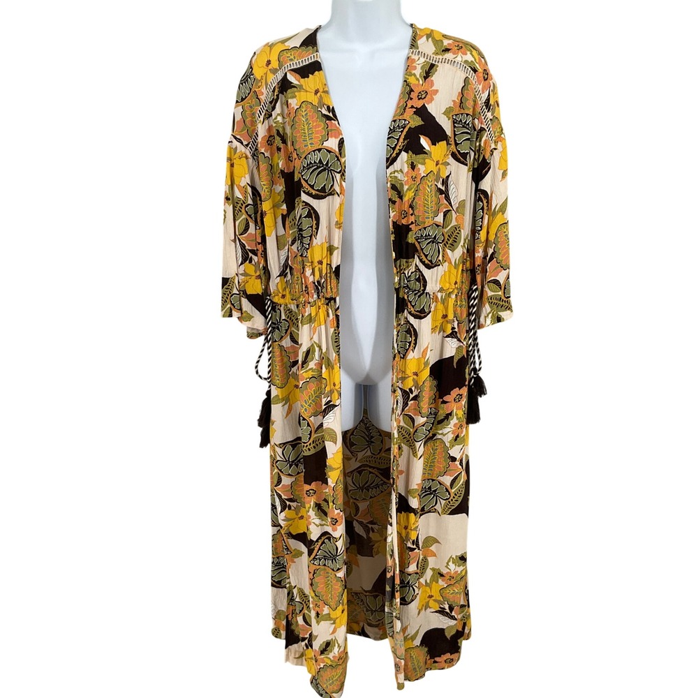 Jessica Simpson Kimono Duster Sz S Floral Boho Tassel Earthy Whimsical Botanical